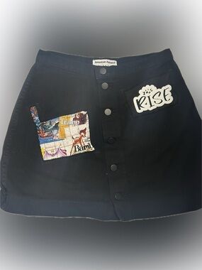 Upcycled American Apparel Black Button-Front Skirt with Disney Patchwork